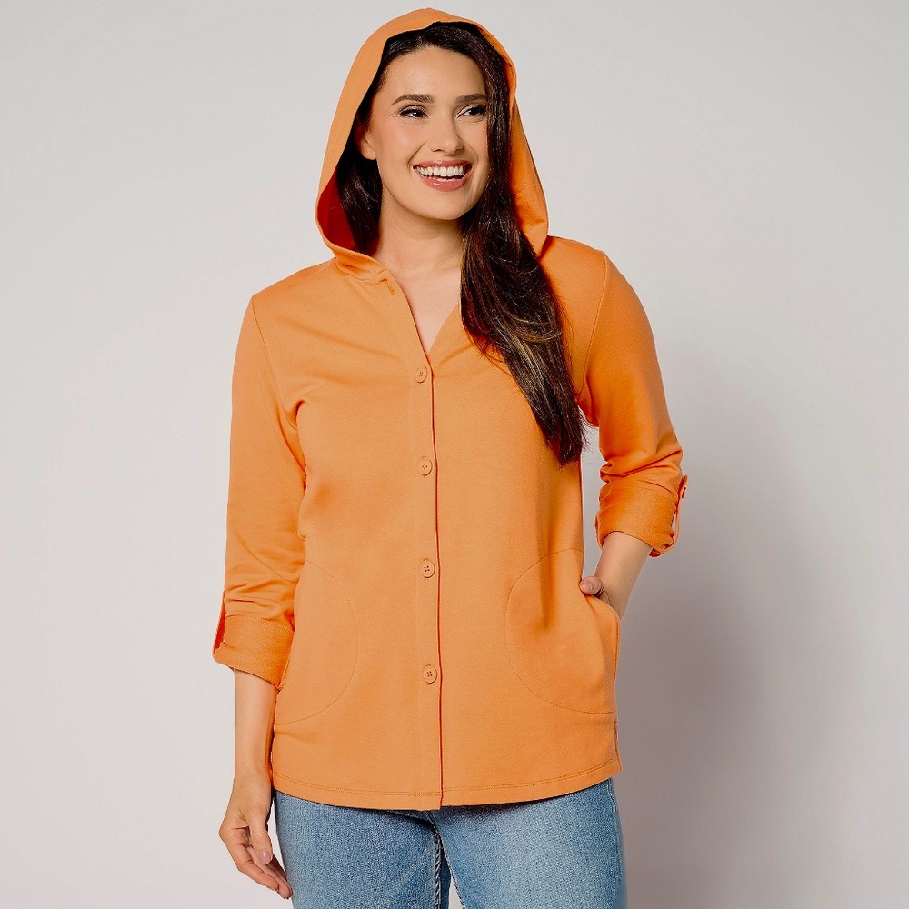 Denim & Co. Beach French Terry Roll Tab Sleeve Hooded Jacket - Apricot EUC - 1X